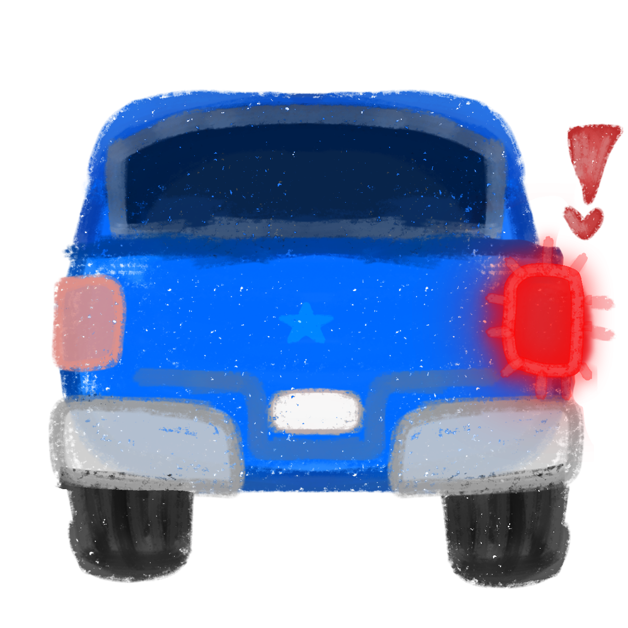 the back of a blue truck with a red blinking light on the right brake light